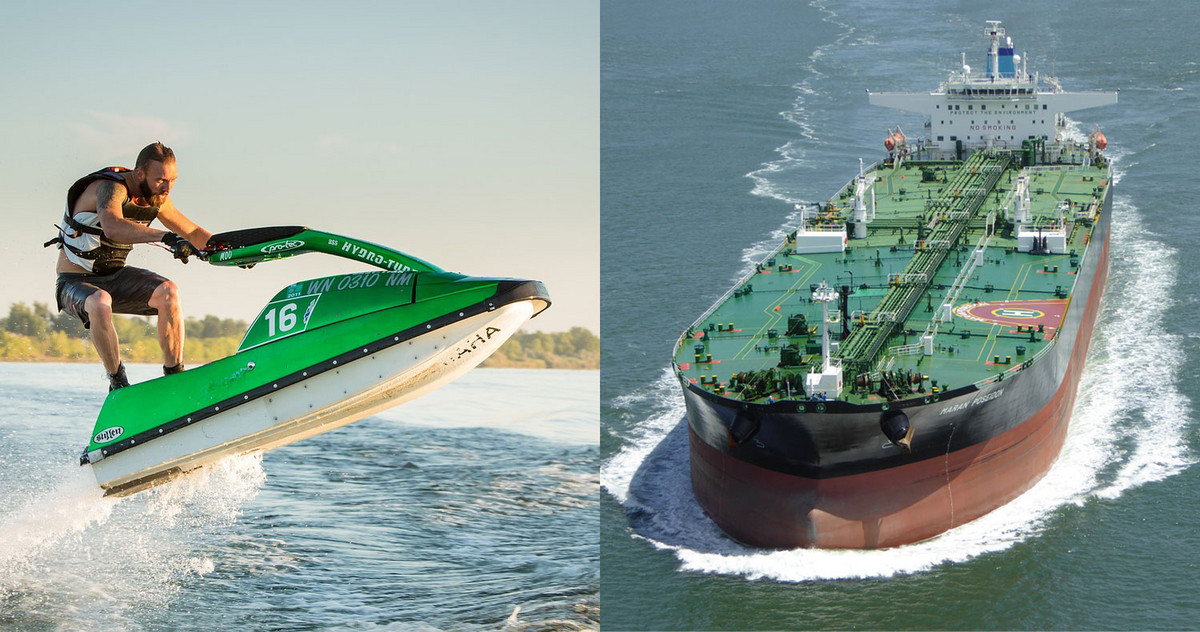 Bild eines Jetskis und Öltanker als Vergleich Startup - Tanker