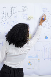 A woman drawing data on a whiteboard