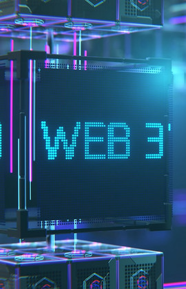 A digital cube on which the inscription "Web 3" runs